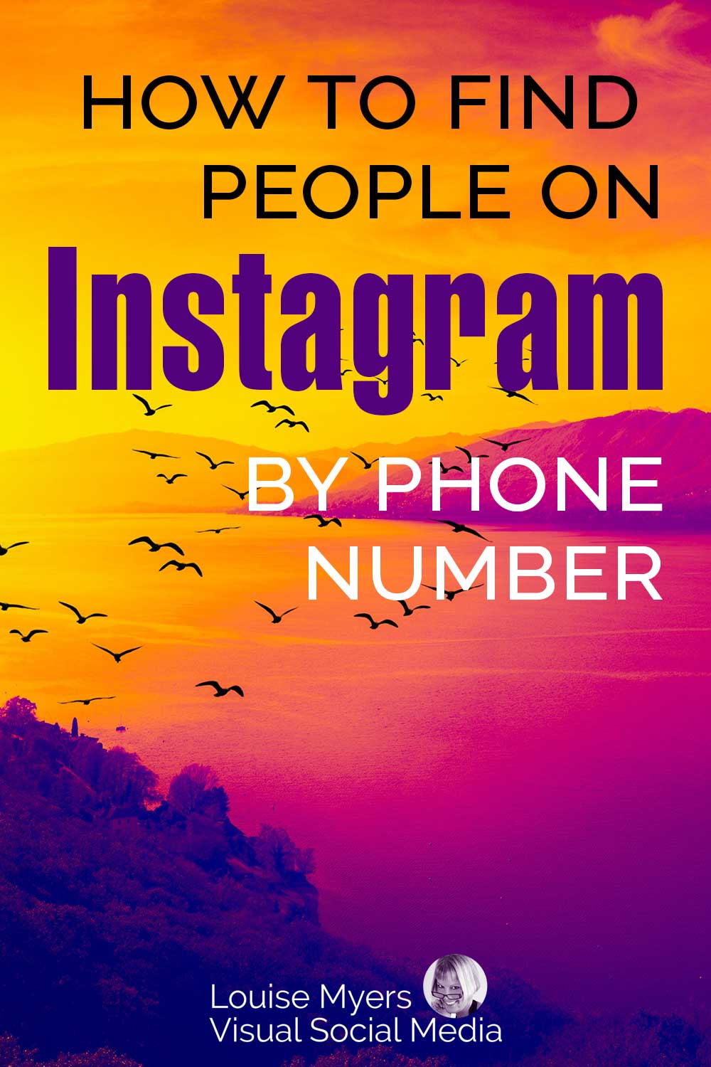 Instagram colored seascape in yellow orange fuchsia and purple has birds flying and text how to find people on IG by phone number.