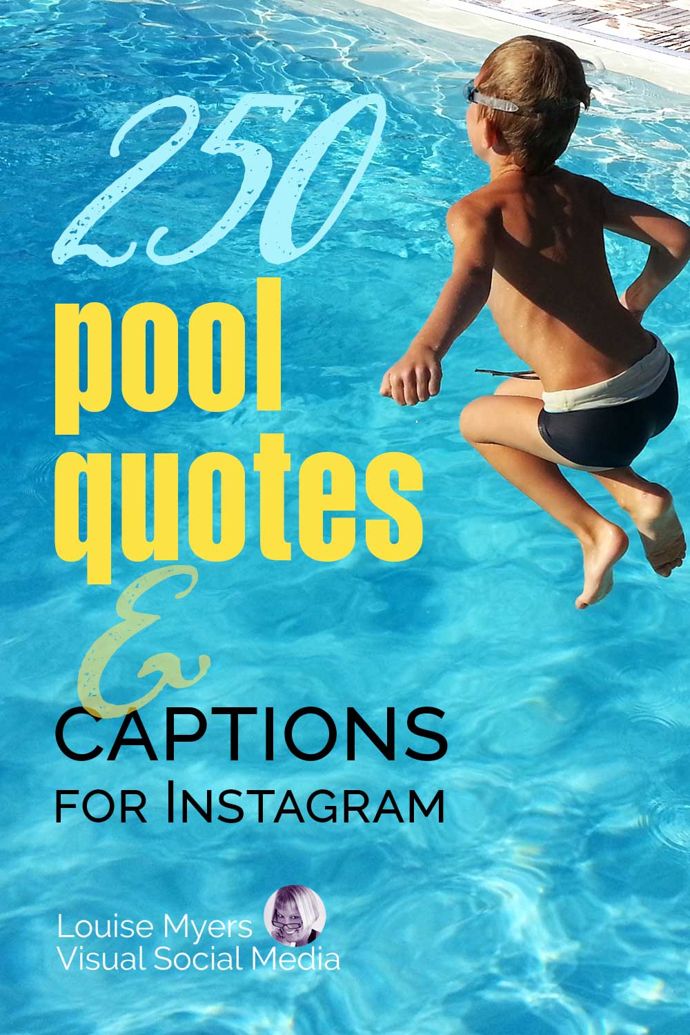 boy jumping into big aqua pool says 250 Pool Quotes & Captions for Instagram.