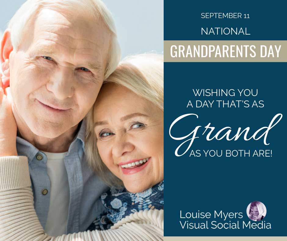 cute older couple with blue bar to right sporting happy grandparents day wishes.