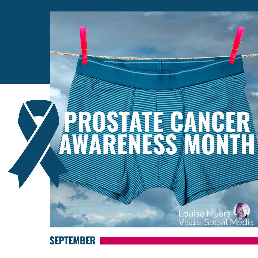 blue ribbon over photo of blue briefs hanging on clothesline says prostate cancer awareness month.