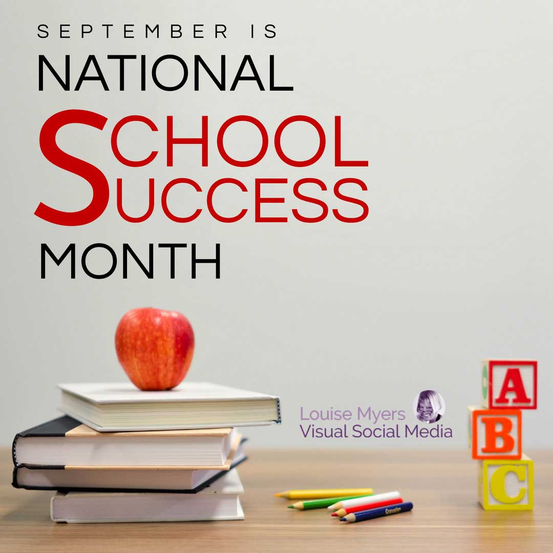 desktop with books, a b c blocks and apple says september is school success month.