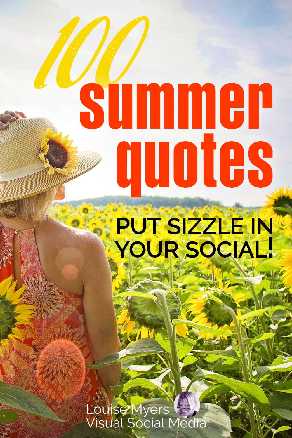 woman in red sundress sits in field of sunflowers with words 100 summer quotes to sizzle your social.