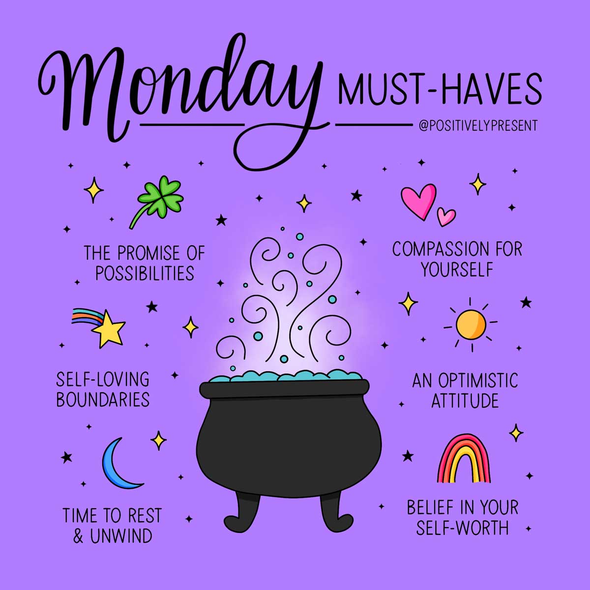 illustration of cauldron on purple background lists monday must-haves with cute icons.