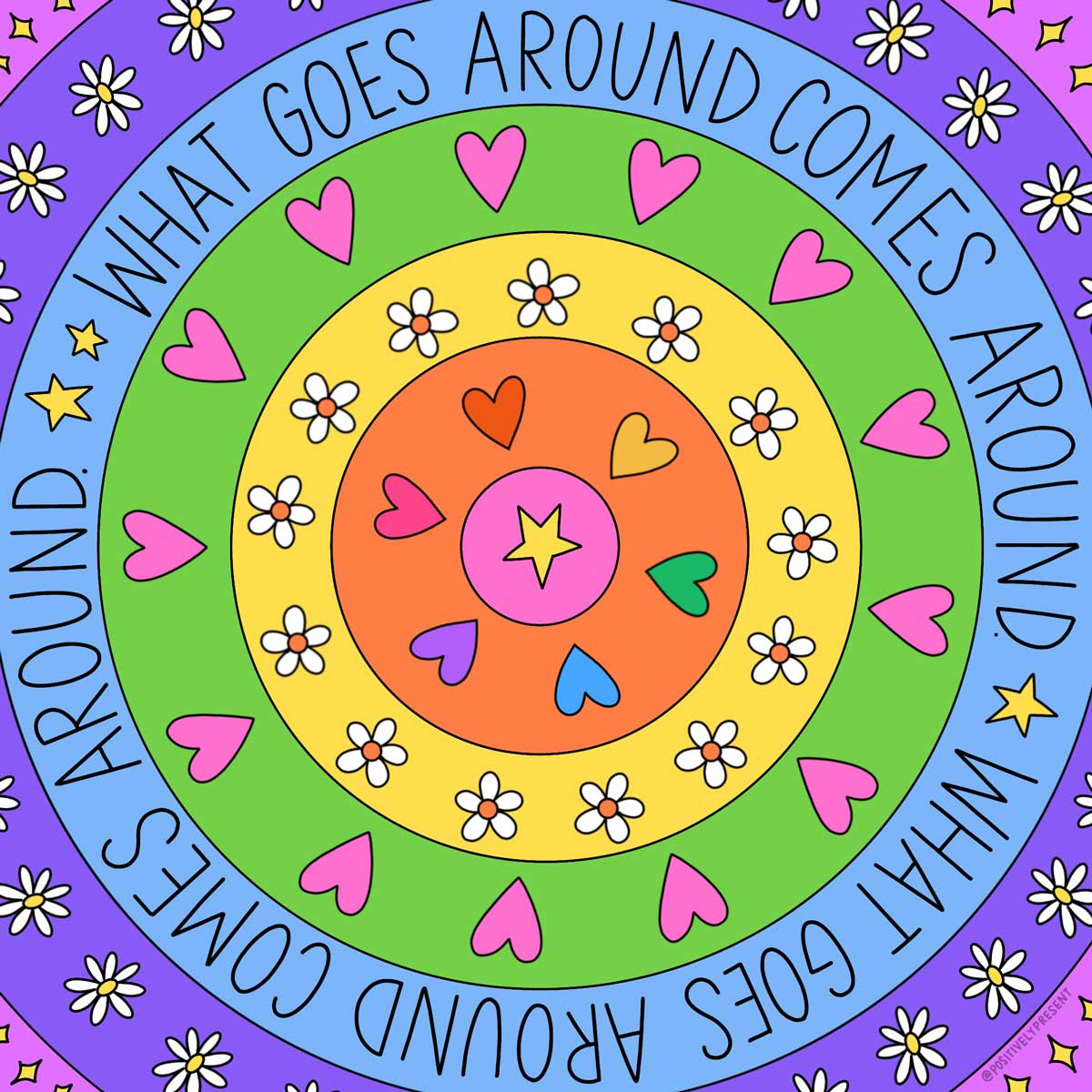 colorful mandala style art says what goes around comes around.