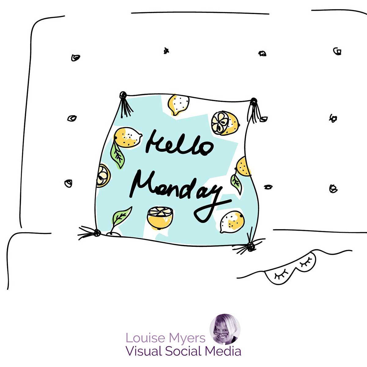 cute illustration of aqua pillow with lemons and script hello monday on it.