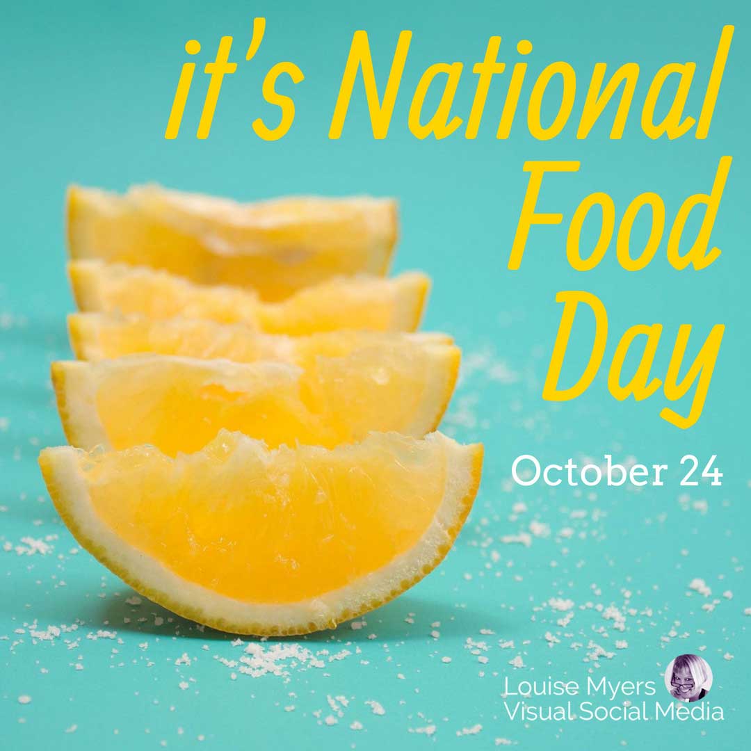 yellow lemon slice candies on turquoise says it's national food day on october 24.