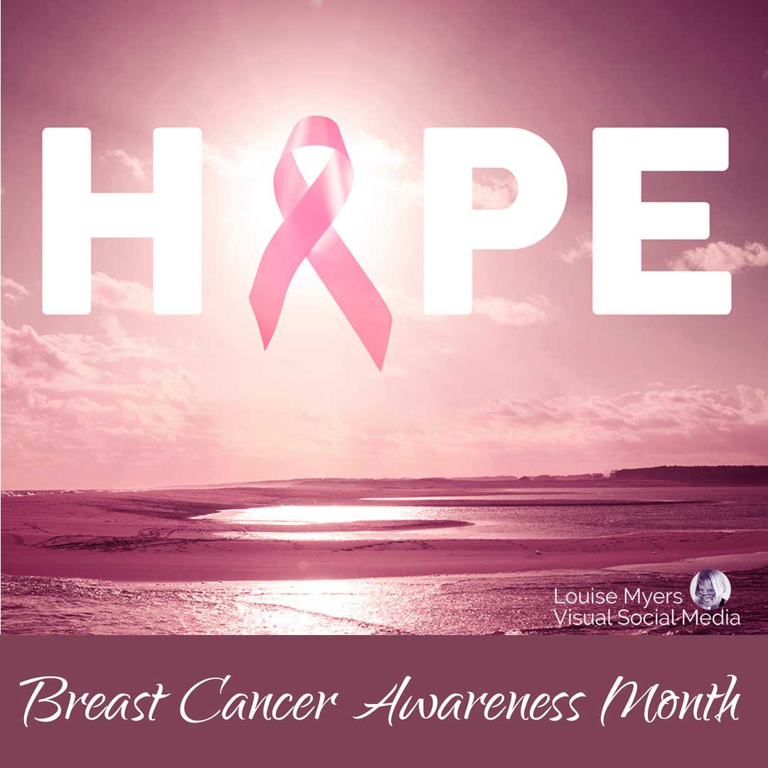 pink ribbon makes the o of hope in a pink toned seascape that says Breast Cancer Awareness Month.