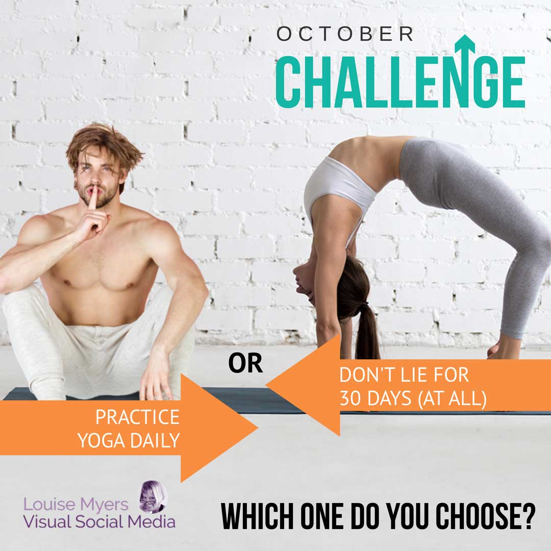 woman doing backbend and man making hush sign in white brick yoga studio offers an october challenge.