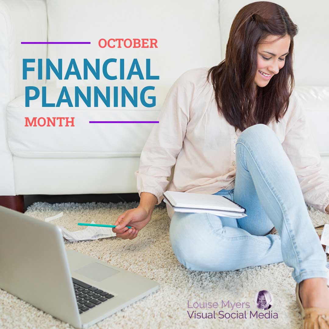 woman sitting on floor with papers and laptop says october is Financial Planning Month.