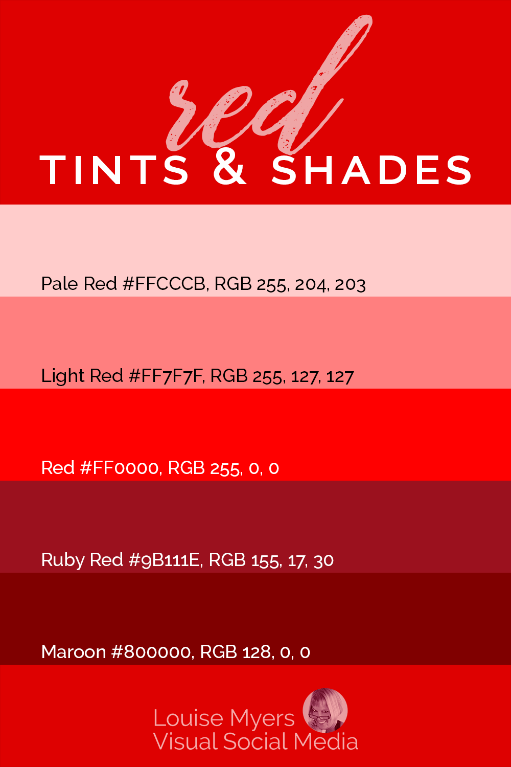 bands of 5 red tints and shades with hex codes and RGB values.