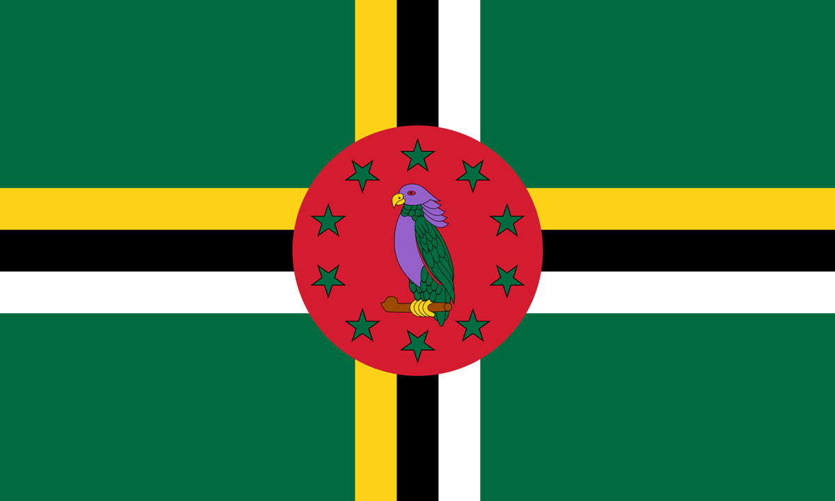 flag of dominica is mostly green and has a red center with a purple parrot.
