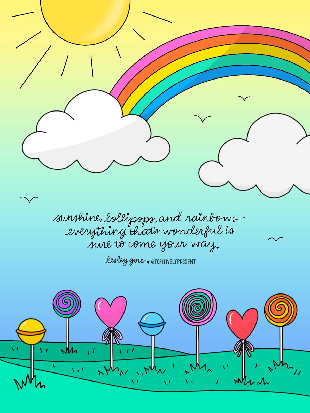 illustration of rainbow in sunny sky with lollipops growing has sunshine, rainbows, lollipops lyrics.