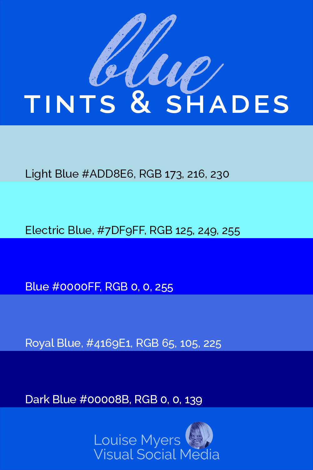 bands of different blue tints and shades with hex codes and RGB values.