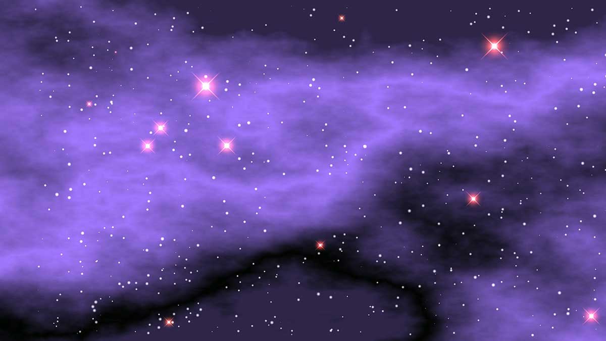 starry night sky with purple clouds.
