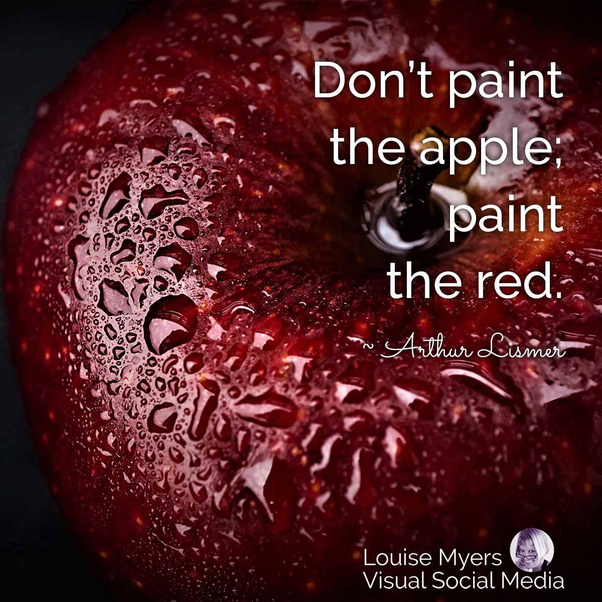closeup of juicy red apple says don't paint the apple, paint the red.
