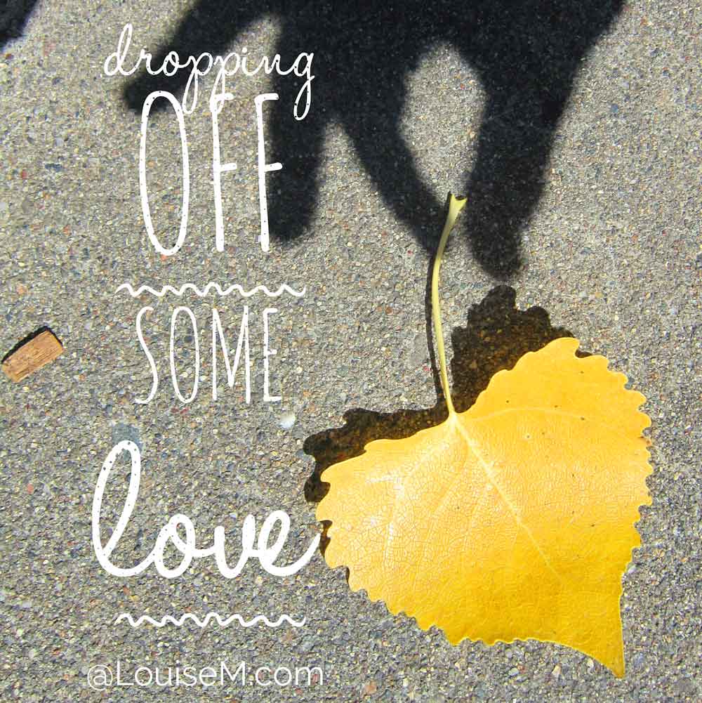 yellow leaf on cement with shadow of hand says dropping off some love.