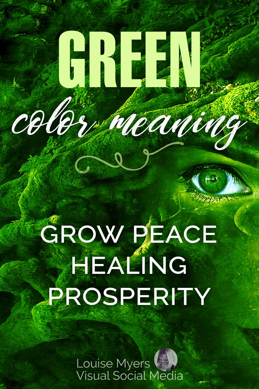 closeup of beautiful female face made of green moss says green color meaning, grow peace, healing, prosperity.