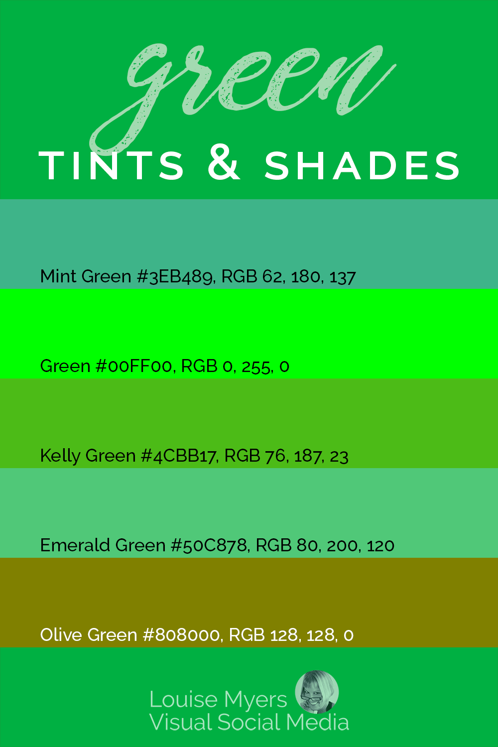 bands of green tints and shades from mint to olive lists hex codes and rgb values.