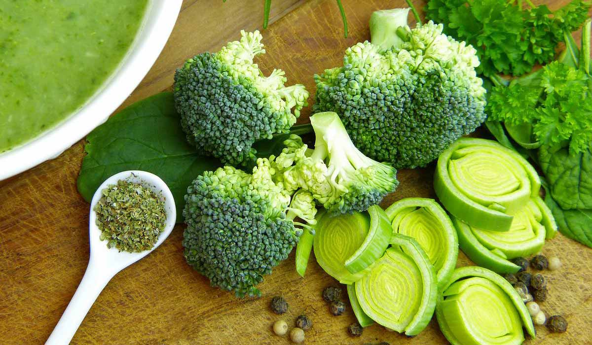 flatlay of green broccoli, green onions, dried herbs and soup.