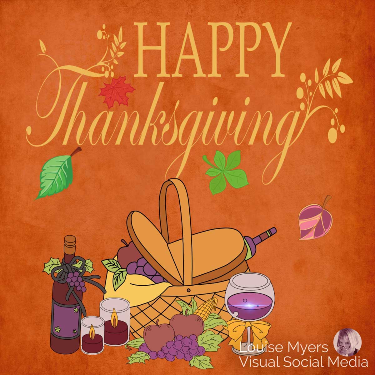 illustration of picnic basket with wine and fruit on rusty orange background says happy thanksgiving.