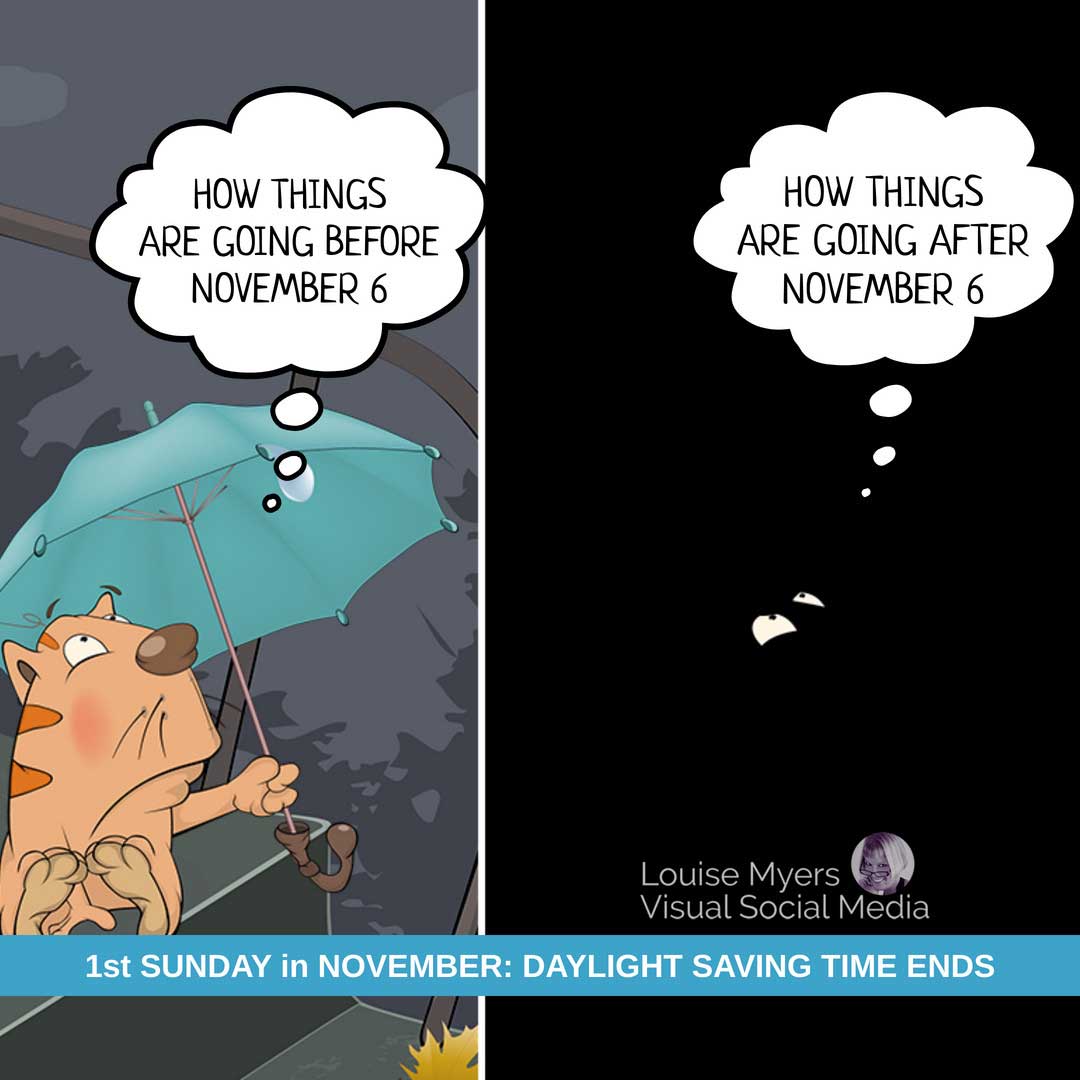 caroon cat with umbrella and then in black darkness shows before and after daylight saving time.