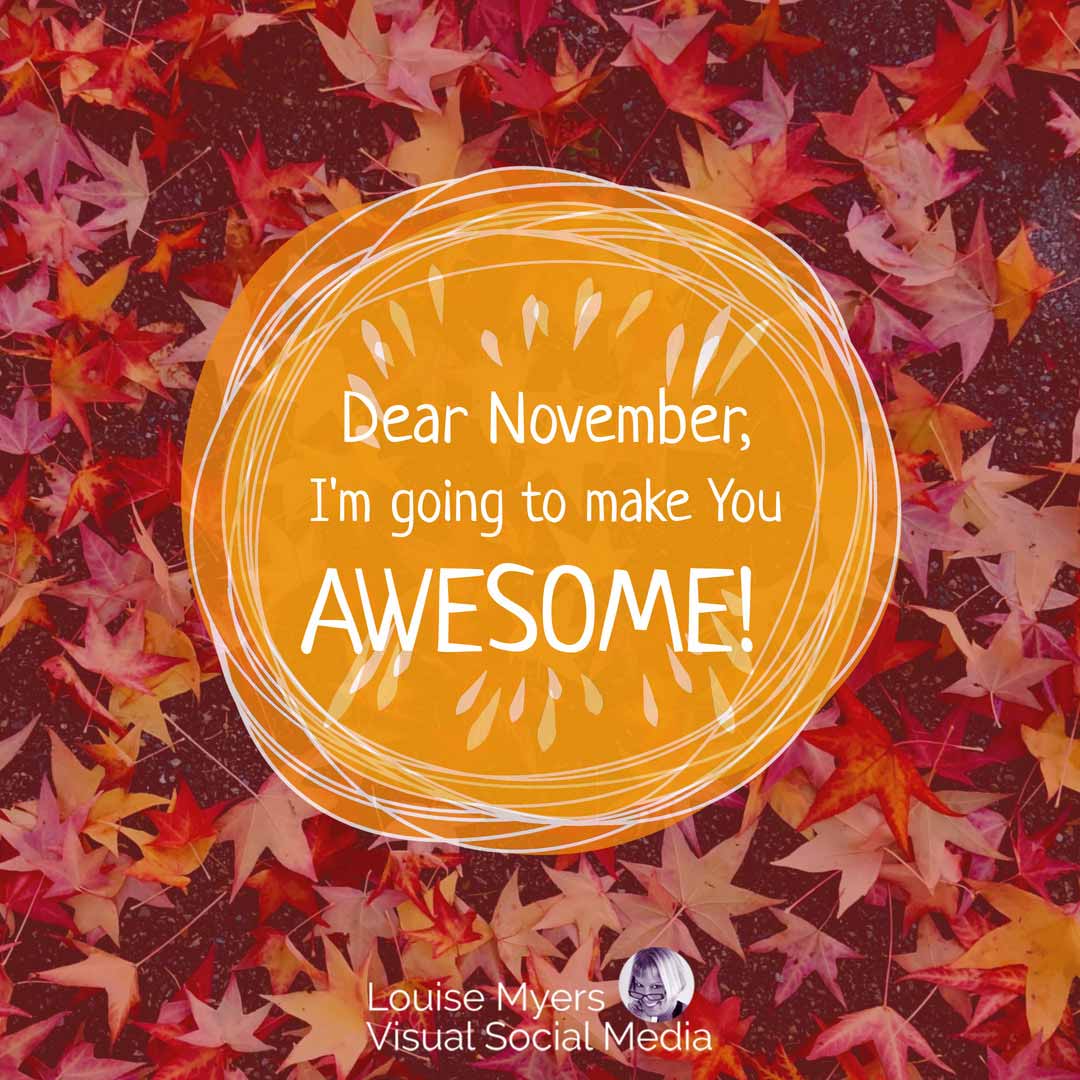 fall leaves background has pumpkin colored circle overlay with text saying dear november, I'll make you awesome.