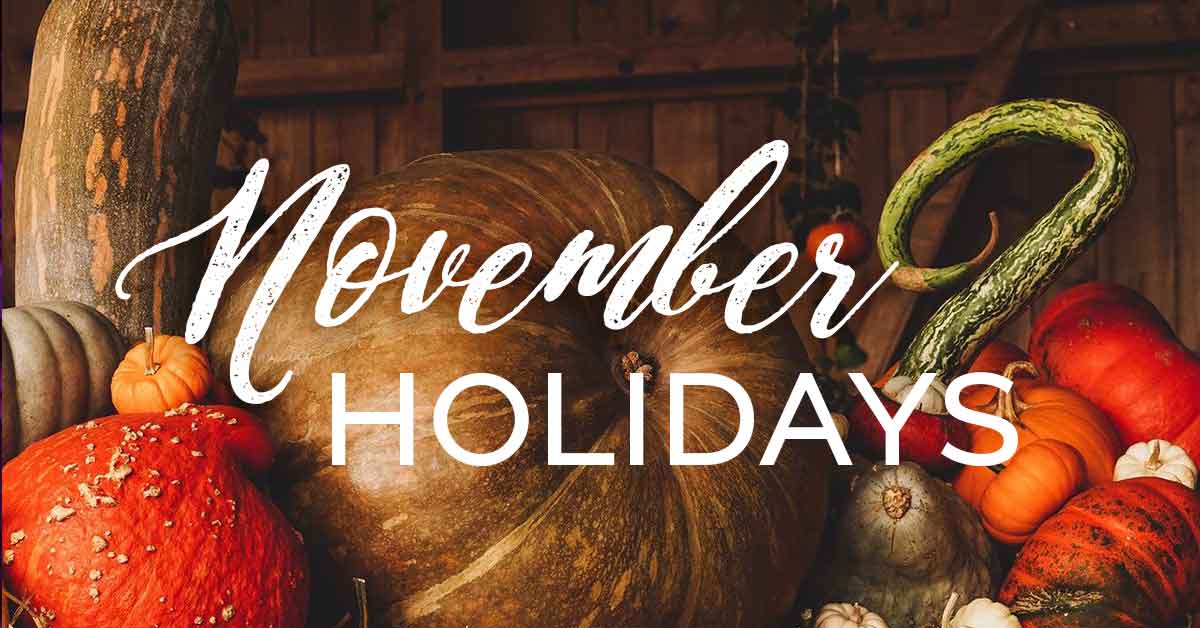 fall harvest of pumpkins and squash with text November holidays.