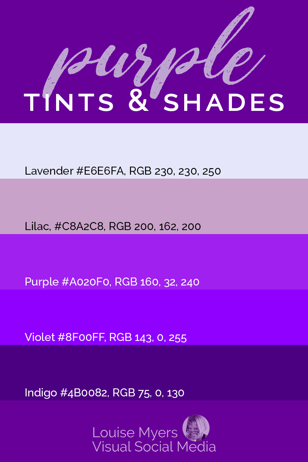 bands of lavender, lilac, purple, violet and indigo with hex codes and rgb.