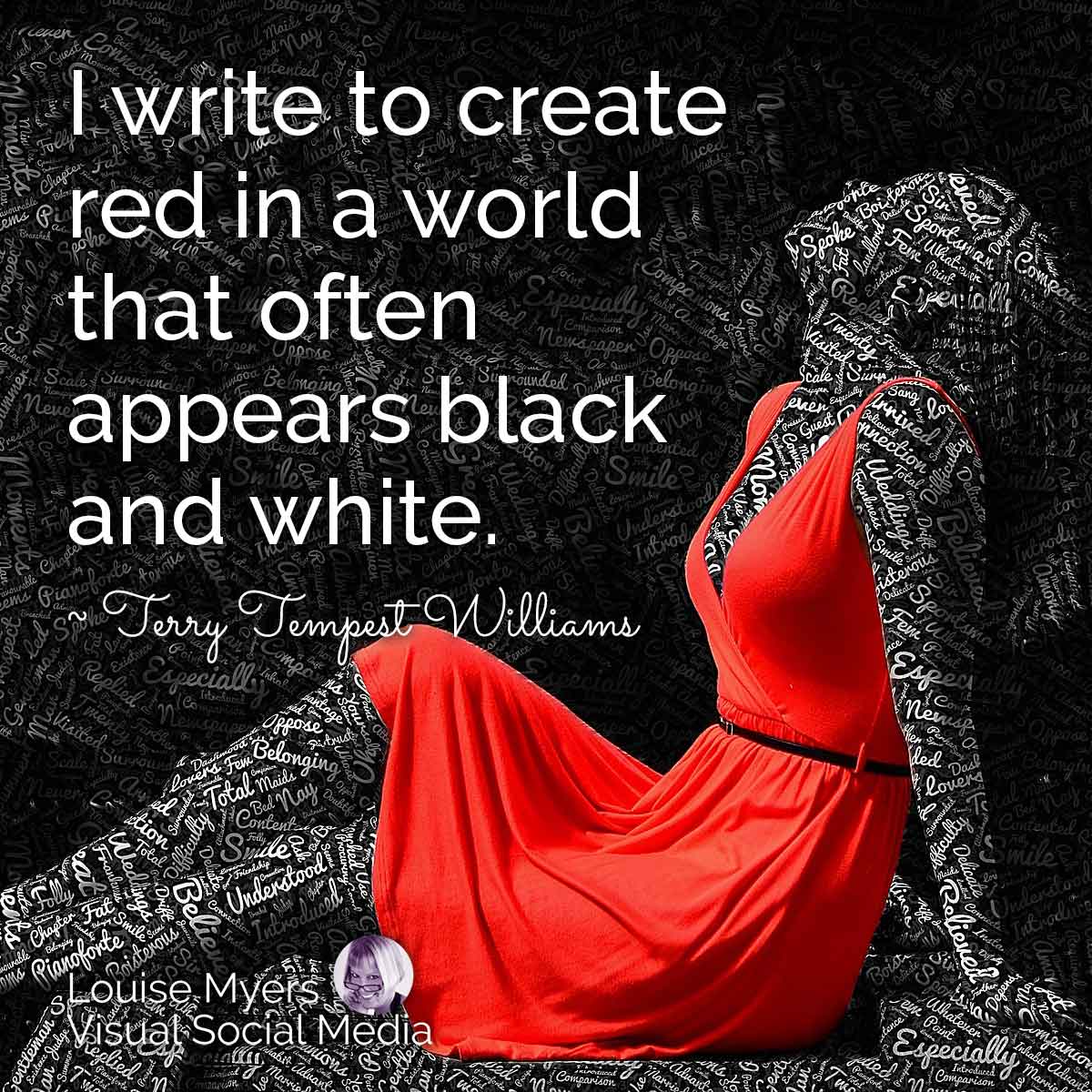 black and white mannequine with red dress has quote, I write to create red in a world that often appears black and white.