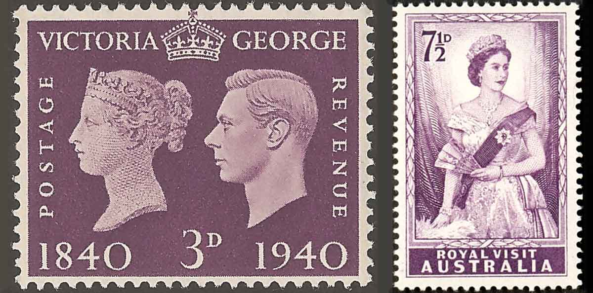 purple postage stamps portraying kings and queens.