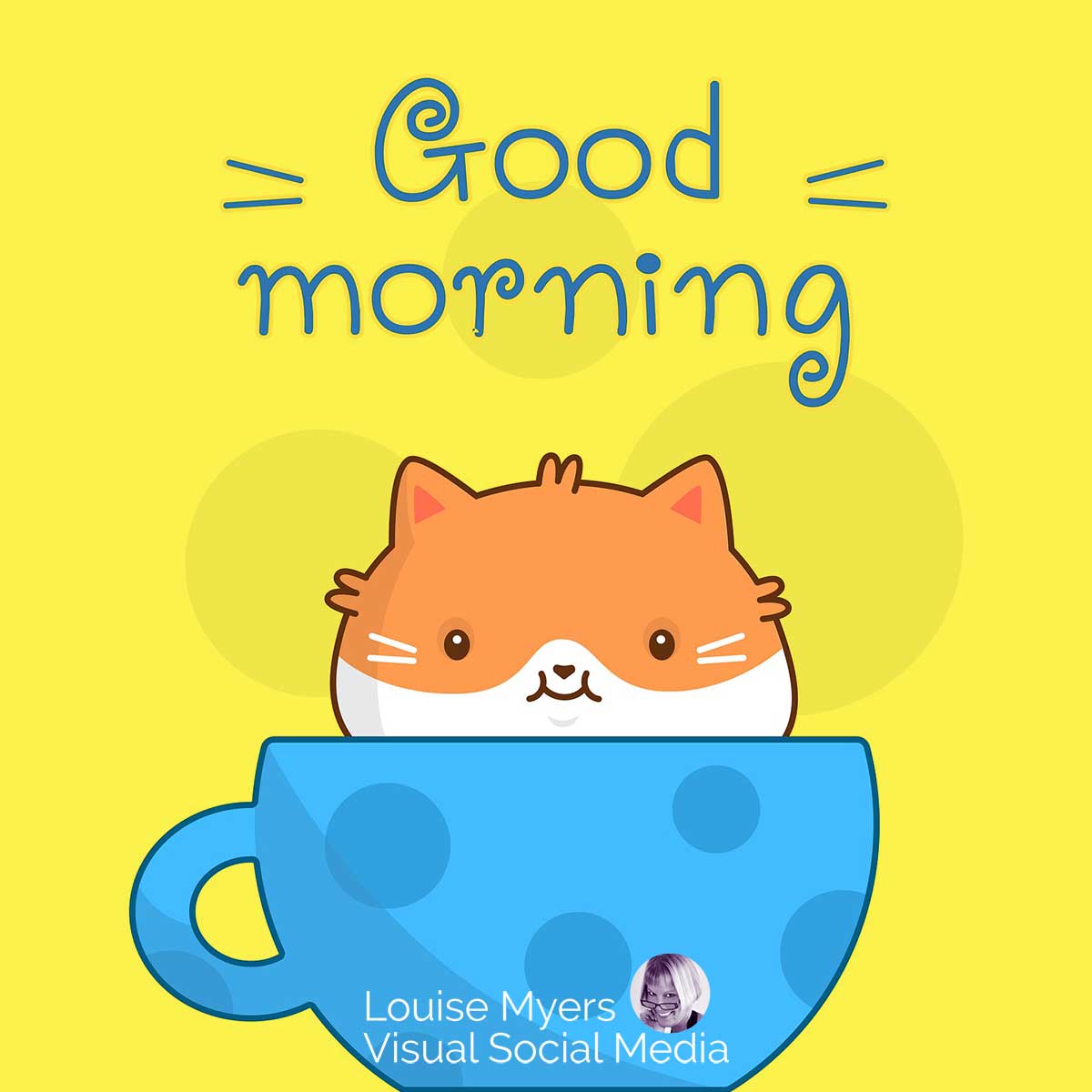 cute hamster in blue polka dot teacup says good morning.