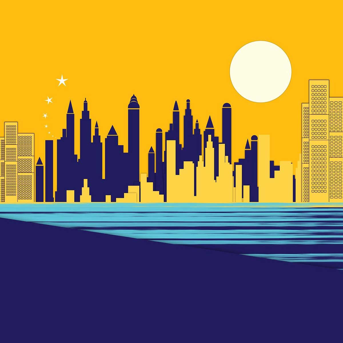 modern graphic of indigo skyscrapers against yellow sky.