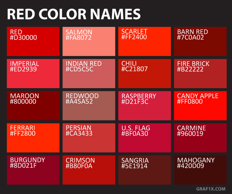 color chart with tints, tones, and shades of red plus color names and hex codes.