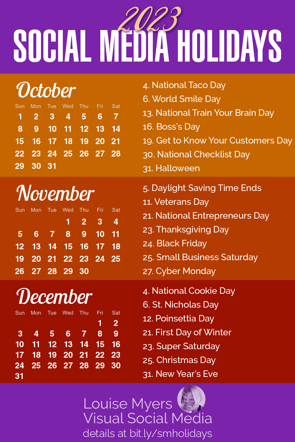 purple, pumpkin and rust colored infographic with monthly calendars for october, november and december 2023 with list of top social media holidays for these autumn months.
