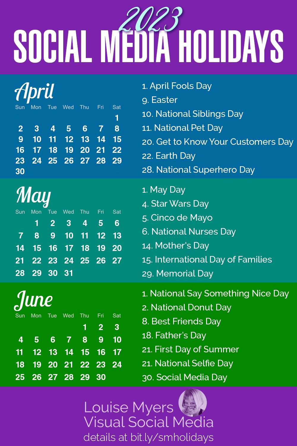 april, may and june 2023 calendars with list of social media holidays.