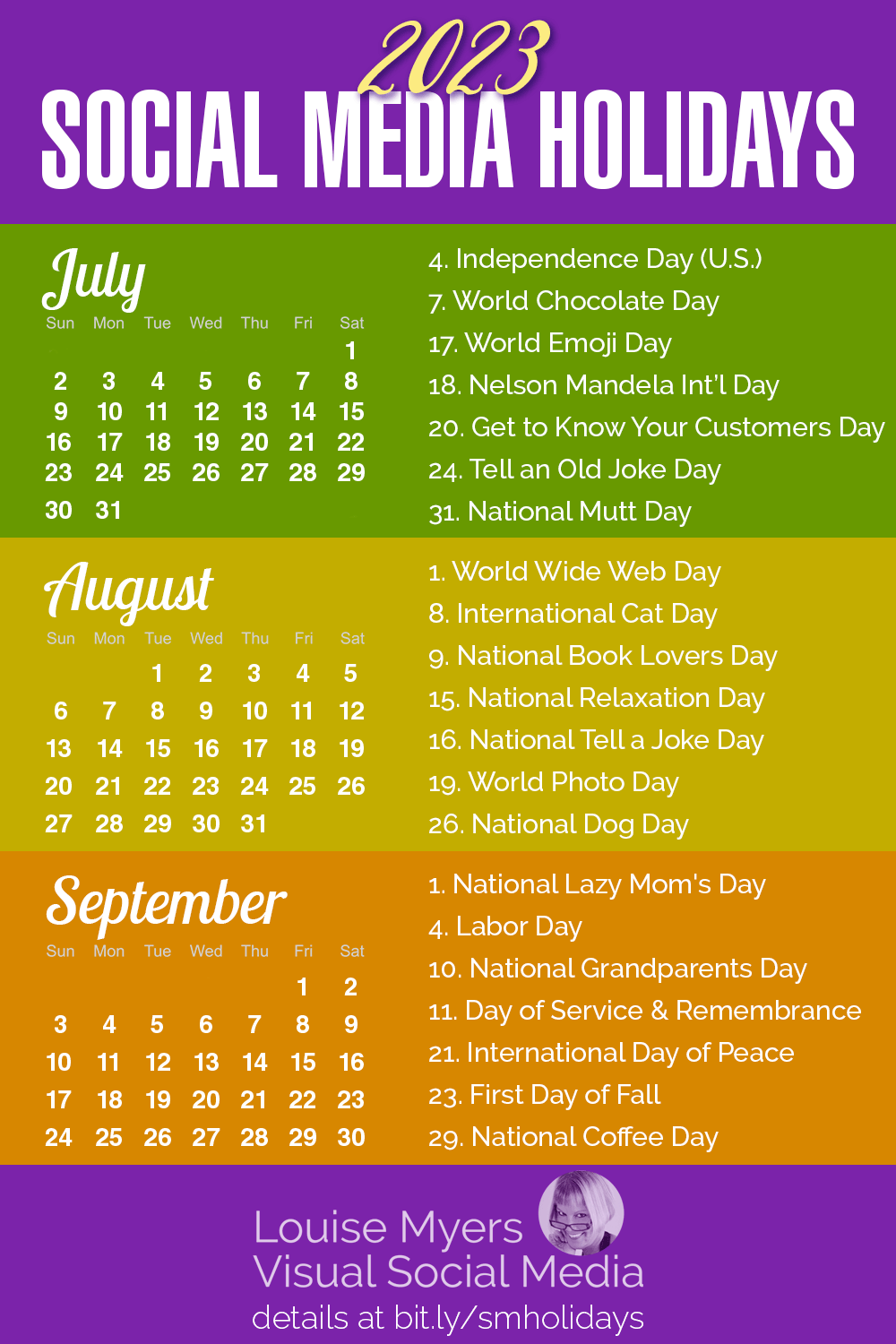 july, august and september 2023 calendars with list of social media holidays for these summer months.