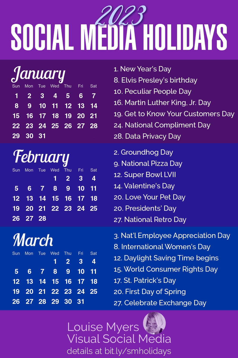 january, february, and march 2023 calendars with list of social media holidays.