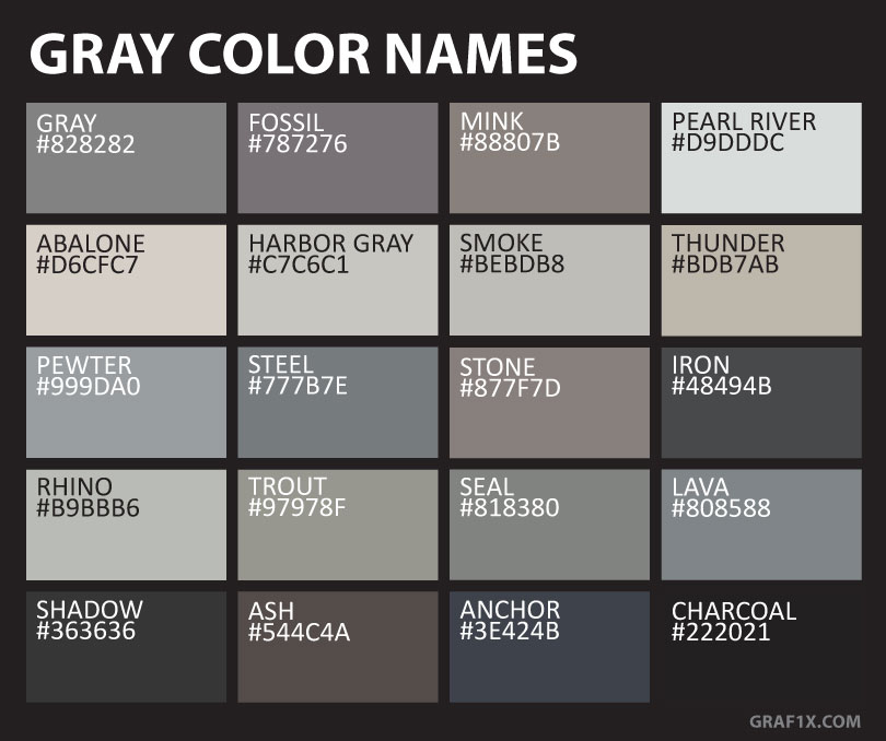 chart of 20 shades of gray with names, hex codes and rgb values listed.
