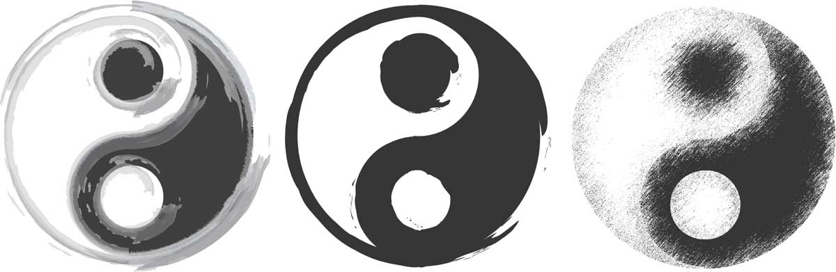 3 styles of black and white yin yang symbols.