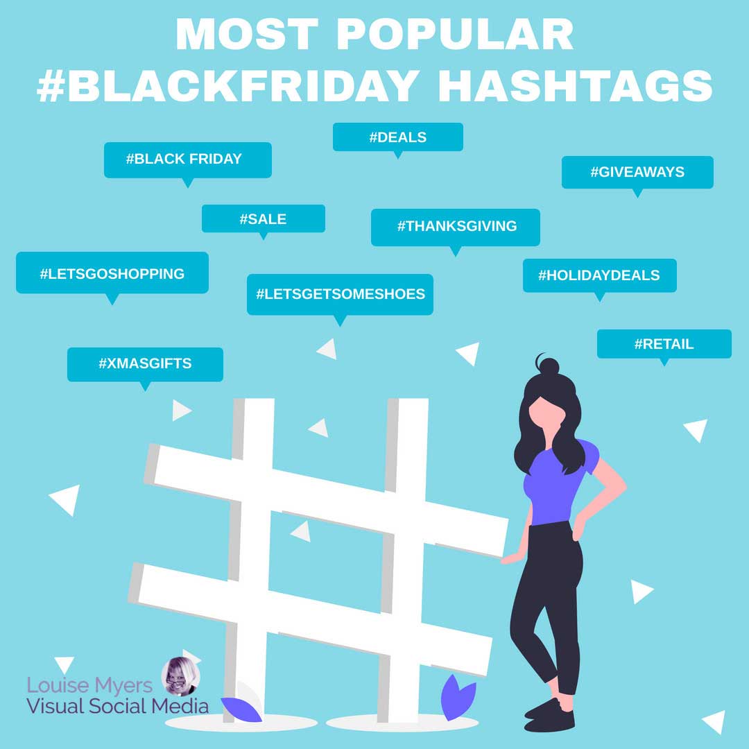 woman stading by giant hashtag symbol lists the most popular Black Friday hashtags.