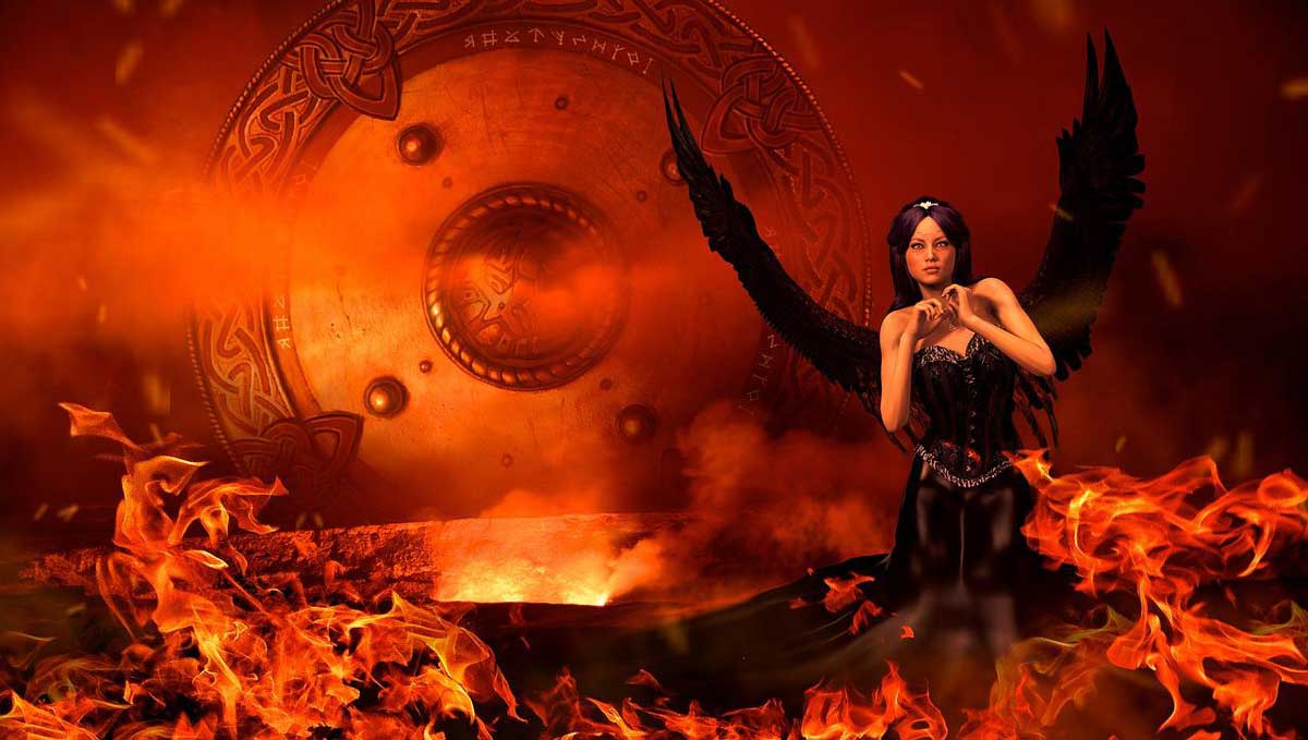 dark orange and black fantasy art of devil woman in hell portrays deceitfulness..