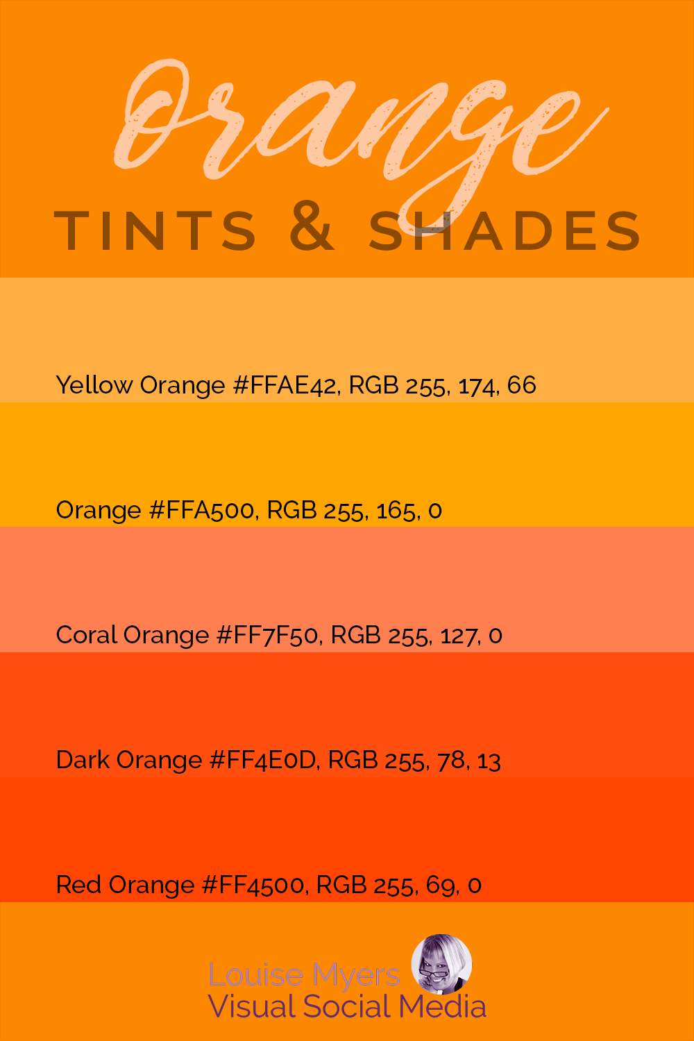 orange grapic shows color codes for various tints and shades of orange.