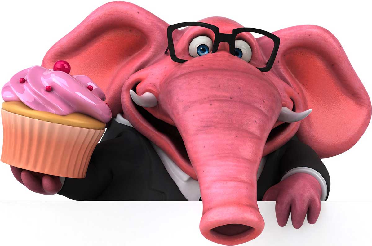 cartoon pink elephant wearing a suit and glasses.