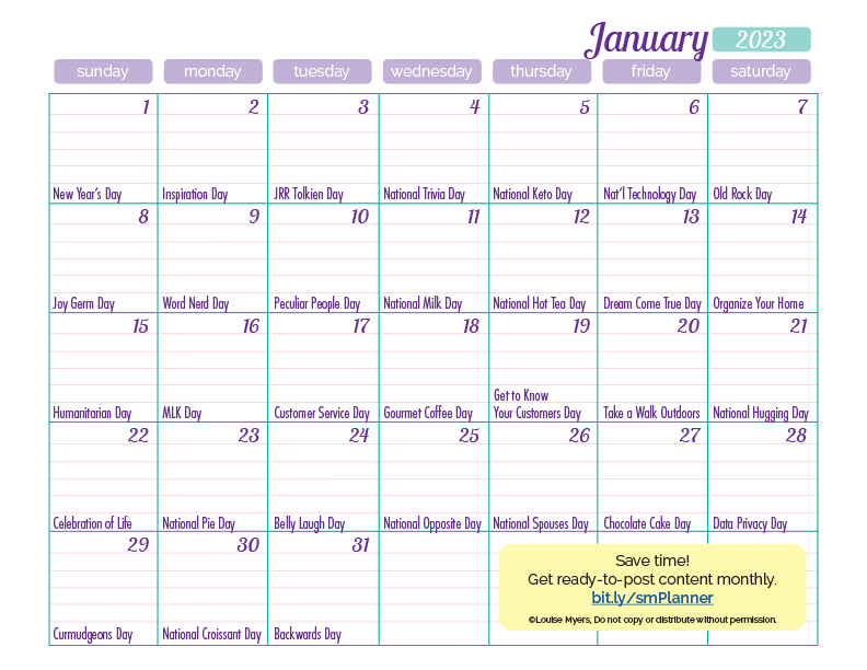 January marketing calendar with social media holidays.