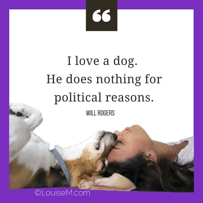 dog and owner with quote, I love a dog, He does nothing for political reasons.