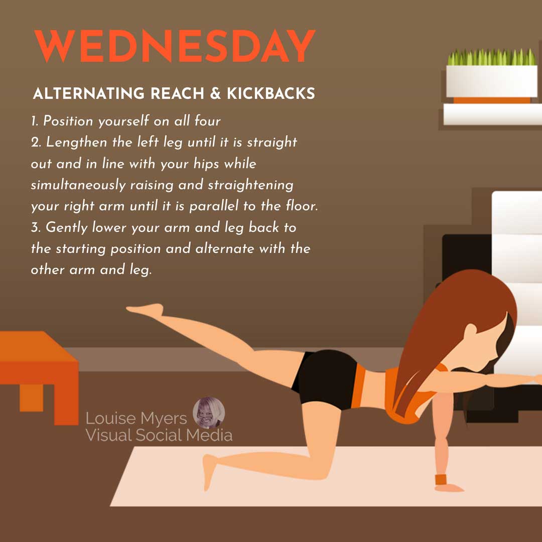 graphic of woman doing yoga has instructions for Wednesday exercise.