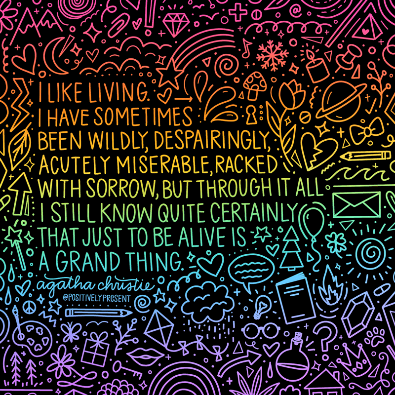 black background etched with a rainbow of icons and words saying i like living.