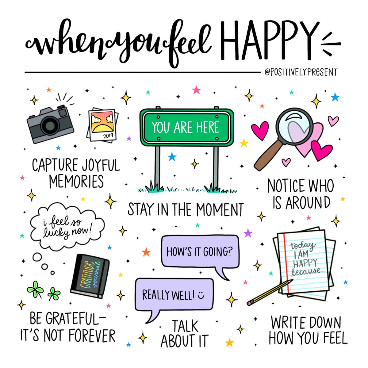cute illustrations expressing ideas of what to do when you feel happy.