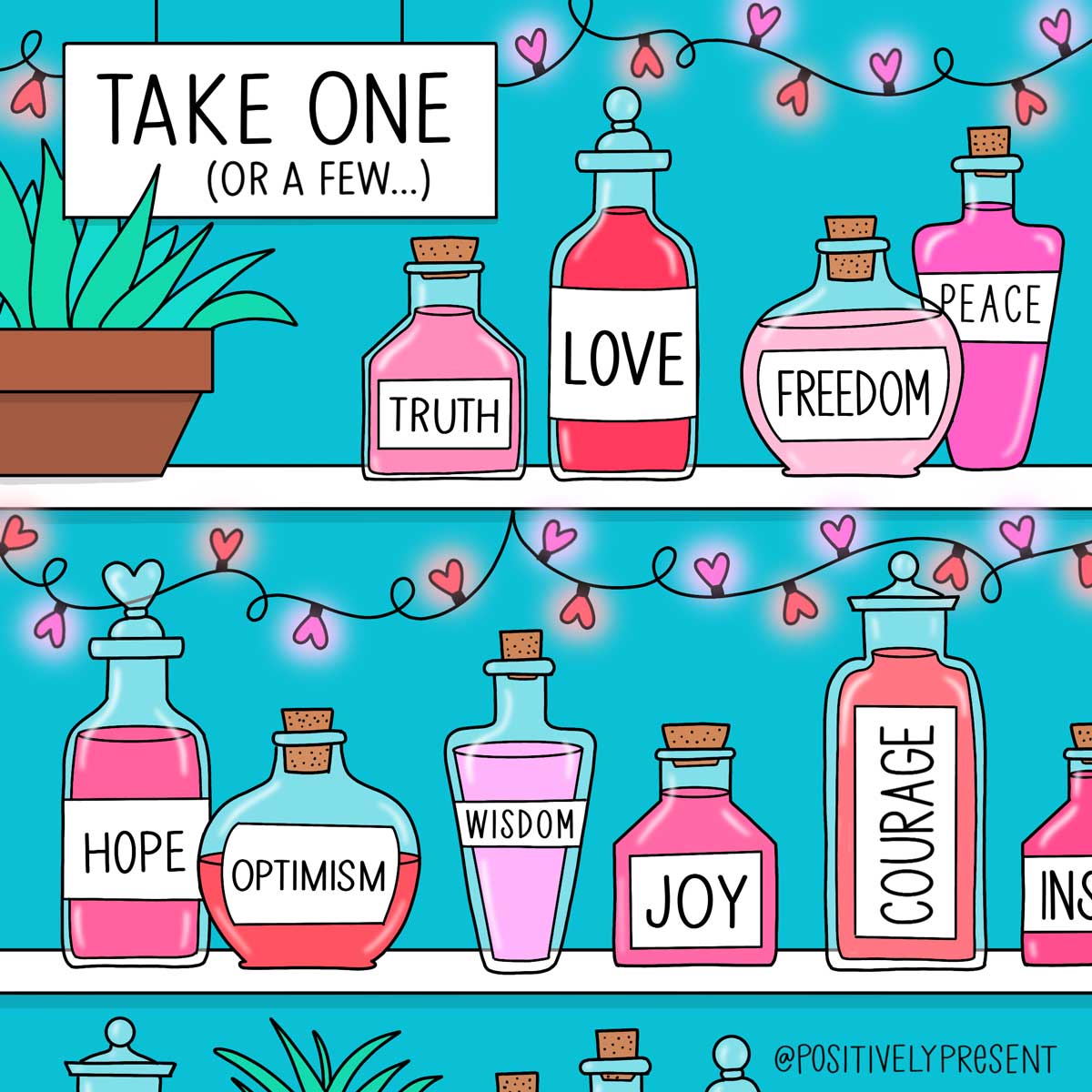colorful bottles on shelves are labeled hope, joy, love, freedom, truth.