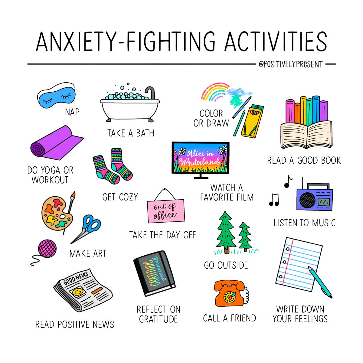 illustration has images of anxiety fighting activities.